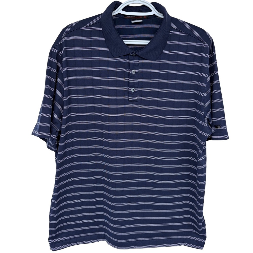 Nike Tiger Woods Golf Polo Shirt Mens Large‎ Navy Striped Dri-Fit 389585